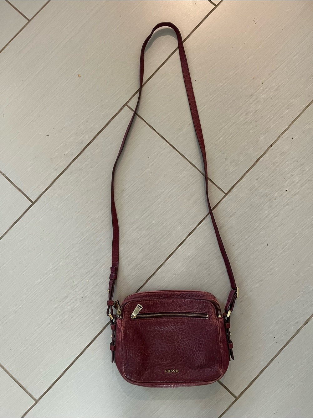 Fossil Burgundy Leather Crossbody Bag with Gold Accents